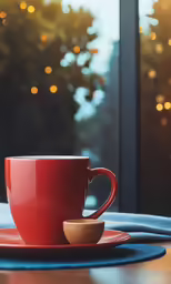 a close up of a red cup on a saucer