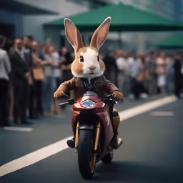 a bunny is riding a motorcycle in the middle of a street