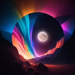 an illustration of a sunset in a mountain range with the moon in the sky