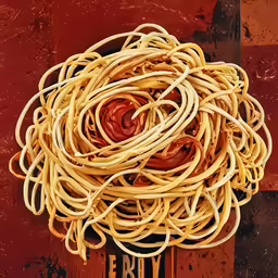 a pile of noodles on a checkered counter