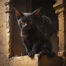 the black cat looks intensely at the camera