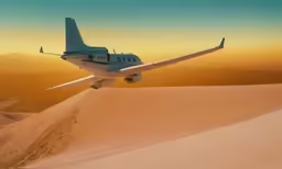 an airplane flying low over sand dunes