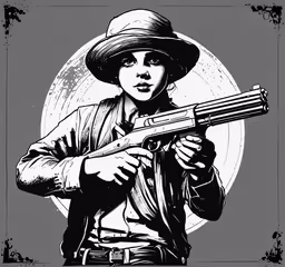 a woman with a gun and hat holding a revolver,a woman with a gun in her hands
