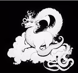 a white drawing of an dragon with a crown on it,a black and white drawing of a dragon