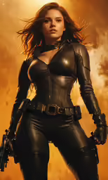 a woman in black leather with guns in her hand