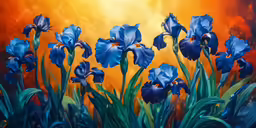 this painting shows many blue flowers in the foreground and an orange sky above