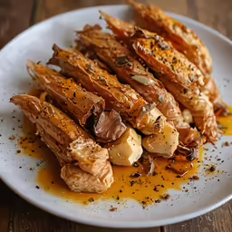 cooked squid and potatoes sit on a plate