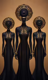 three black mannequins, wearing intricate clothing, standing side by side