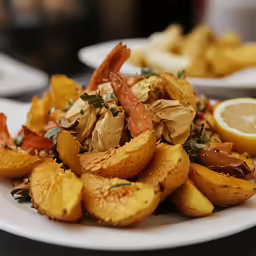 a pile of food on a white plate with a lime slice