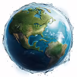 a 3d earth globe with water pouring in the foreground