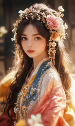 a girl in an oriental outfit with flowers and leaves on her head