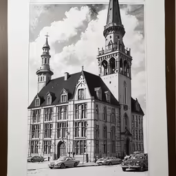 a drawing of a tall building in the background