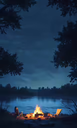 a campfire sitting next to a river at night