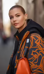 a woman with brown hair and blue eyes carrying a small bag