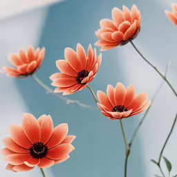 bright orange flowers in a vase near blue sky
