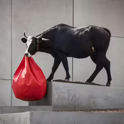 a bull statue has a red bag tied to it
