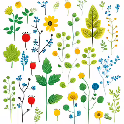 a white background with various colorful flowers and leaves