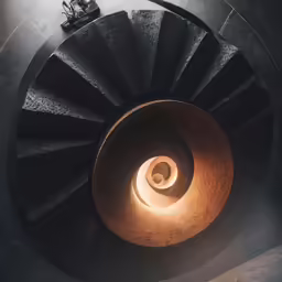 looking down at a spiral staircase leading up to a parking lot