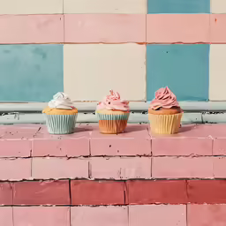 four muffins sitting on the side of a brick wall
