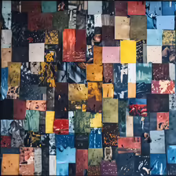 abstract collage with multicolored squares in black frame