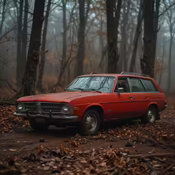 an old red wagon is sitting in a wooded area