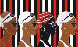 a trio of women with various headscarves on a black and white background