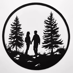a man and woman are walking through the woods