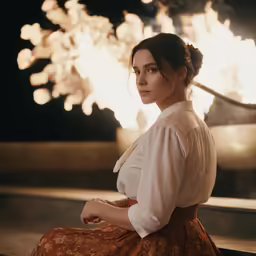 a woman sitting on top of a bench next to a firework display
