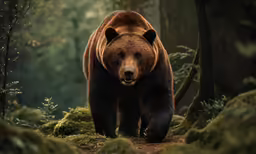 brown bear walking on green mossy ground next to tree