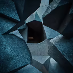 the blue wall is filled with shapes and textures