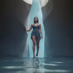 the woman is walking in front of two water sculptures
