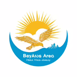 a white and yellow logo with a blue background