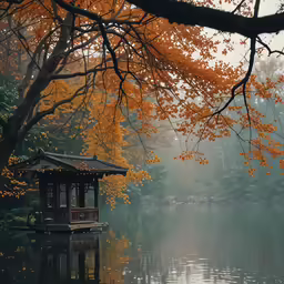a gazebo with autumn trees on the side of a river
