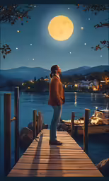 a person standing on a pier watching the moon
