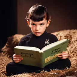 an adorable little girl sitting in the hay reading a book