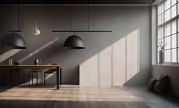an empty room has three lamps on the ceiling