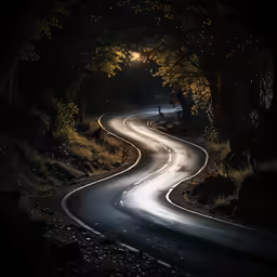 a winding road at night with bright lights going down it