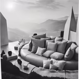 the couch is in front of a black and white photo