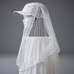 a white veil wearing a hat with white pearls
