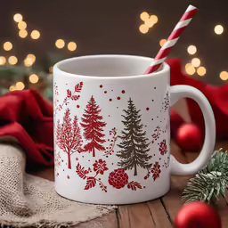 a cup with a straw sitting on top of a table next to some red and white ornaments