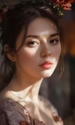 this is a portrait of a beautiful lady with flowers in her hair