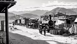 an old style locomotive is traveling down the track with a man on a horse,a group of people walking on a street near a train