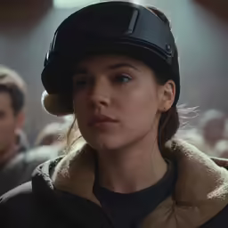 a woman in a helmet staring to her left