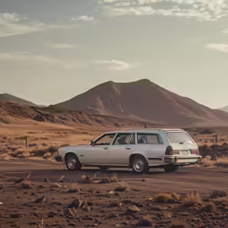 a small car parked on a desert road