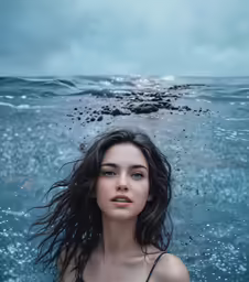 a girl standing in the ocean with her hair blowing out