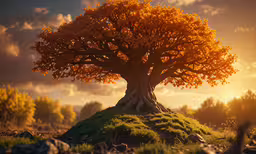an orange tree stands alone in a field with a sunset,a picture of a tree in an empty field