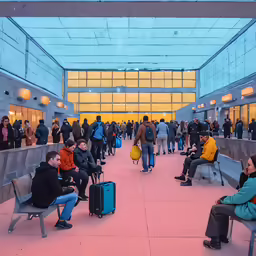 a lot of people are sitting on a bench in a building