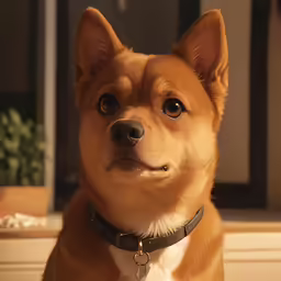 a tan dog has a brown leather collar around his neck
