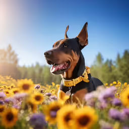 an adorable black and brown dog in the middle of sunflowers