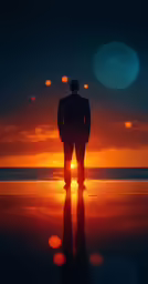 a person in suit and tie standing on the beach in front of an orange and purple sunset